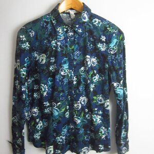 G.H. Bass & Co. Womens L Navy Blue Teal Floral LS Cotton Blend Blouse Shirt